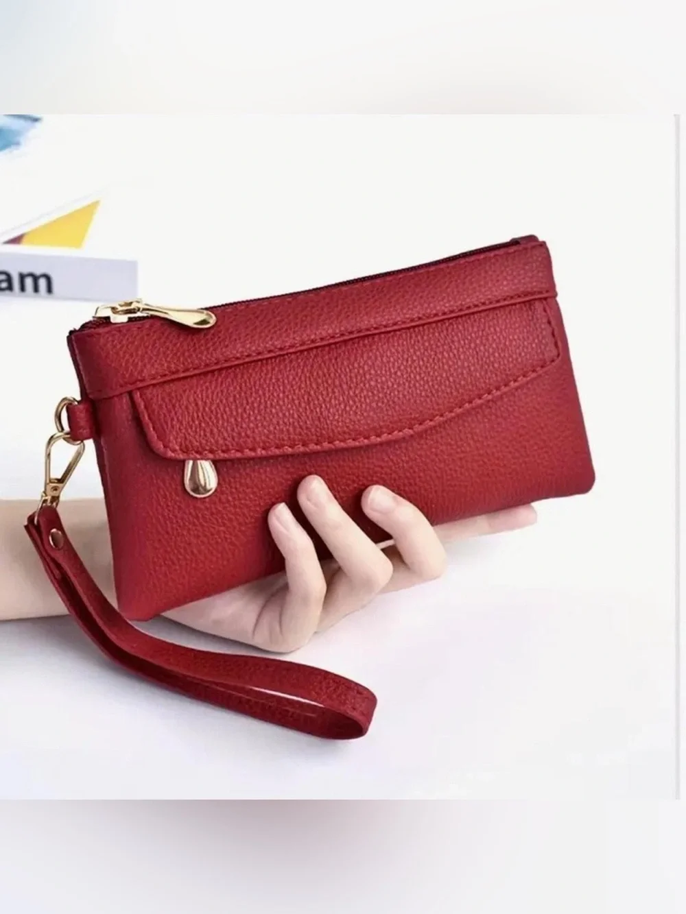 Women's Red Leather Wristlet Clutch Wallet